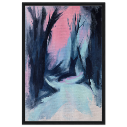 Abstract painting of a misty forest path in cool tones for Blue Twilight Whisper room decor