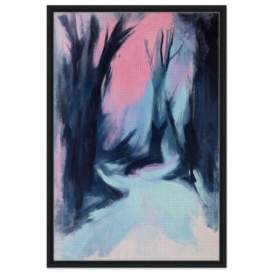 Abstract painting of a misty forest path in cool tones for Blue Twilight Whisper room decor