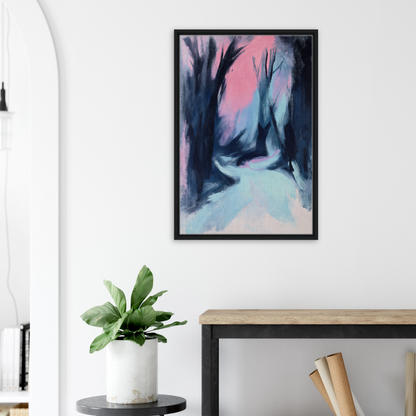 Framed canvas print of Blue Twilight Whisper abstract painting with moody forest scene