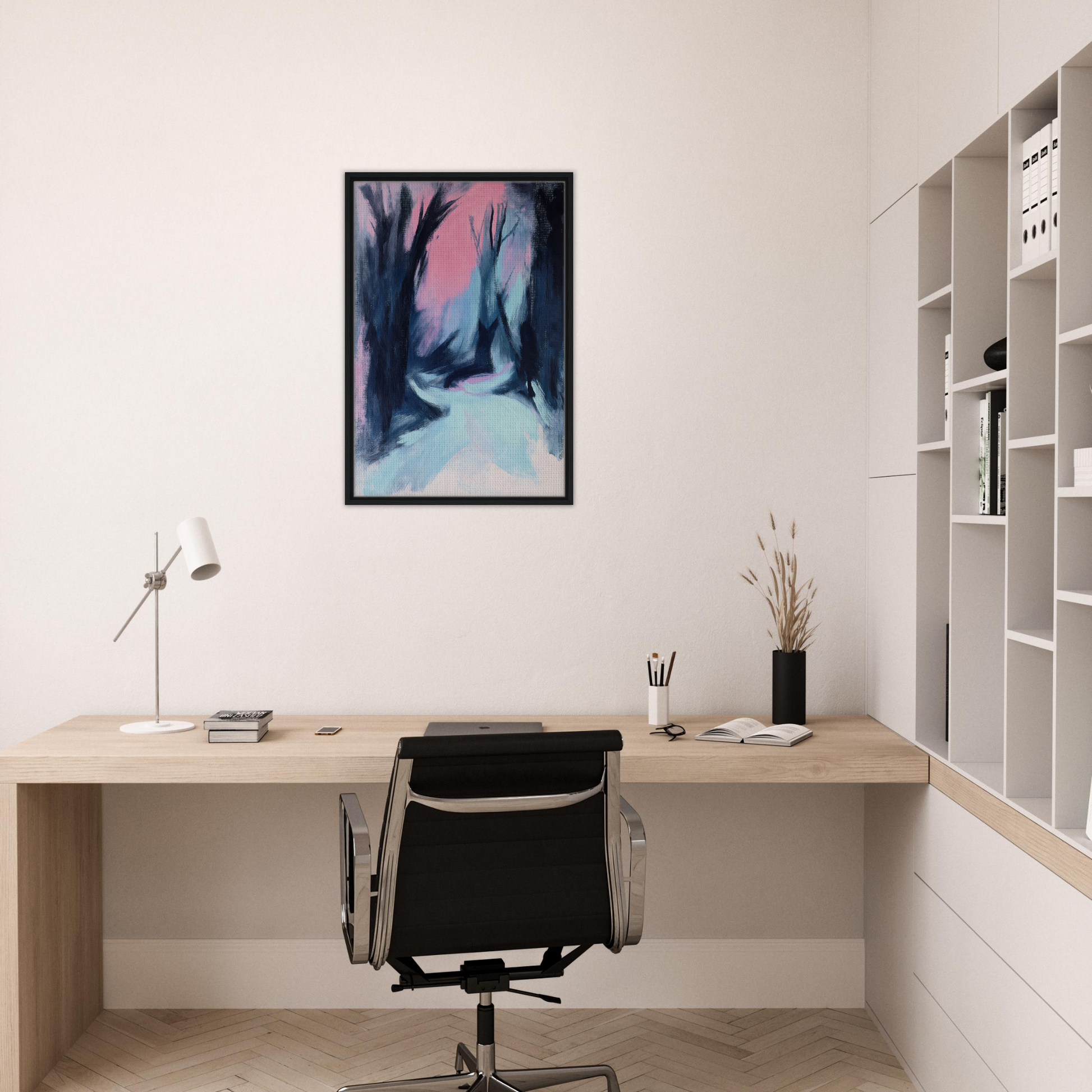 Minimalist home office workspace featuring Blue Twilight Whisper decor and framed artwork