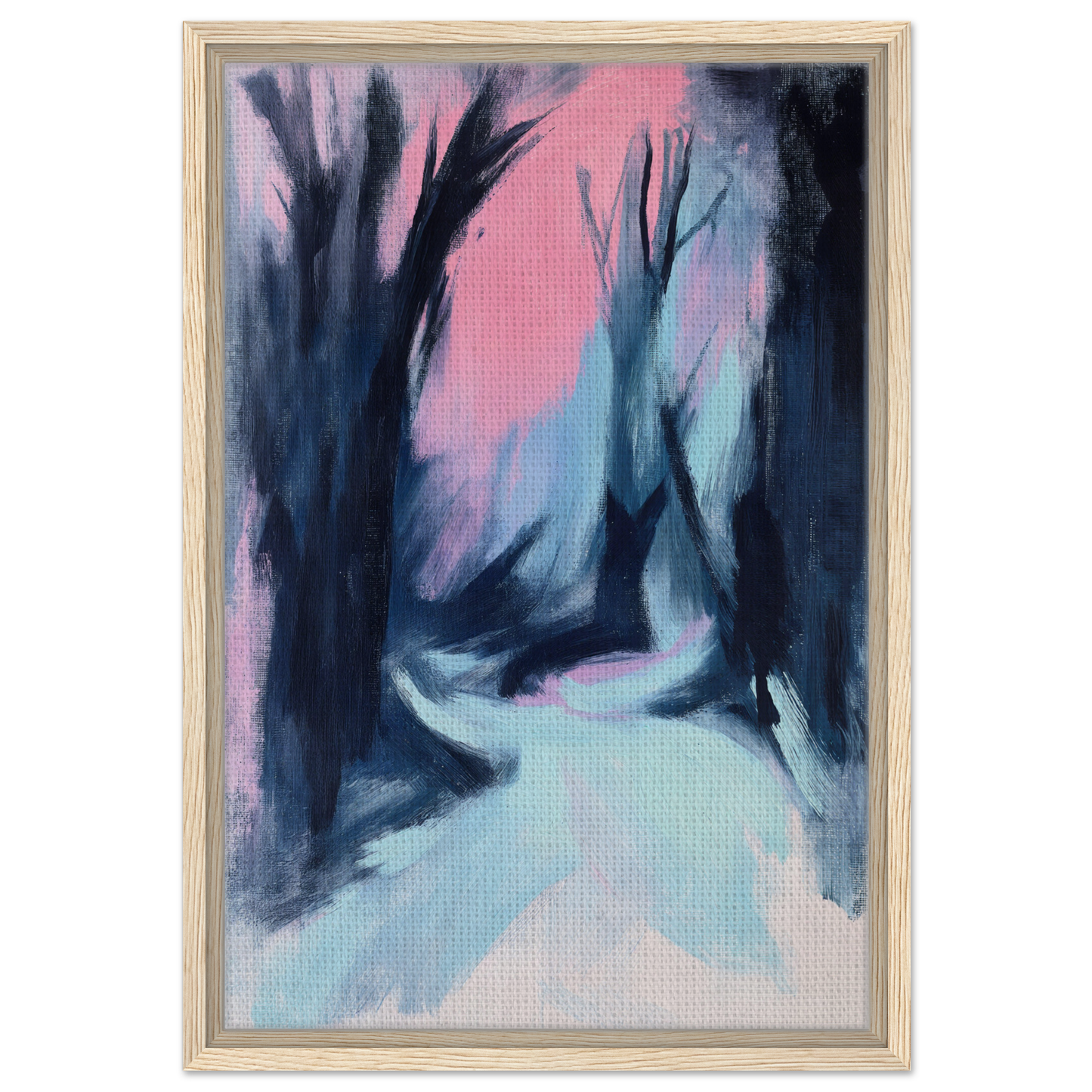 Abstract painting of a misty forest path in cool tones for Blue Twilight Whisper framed canvas print