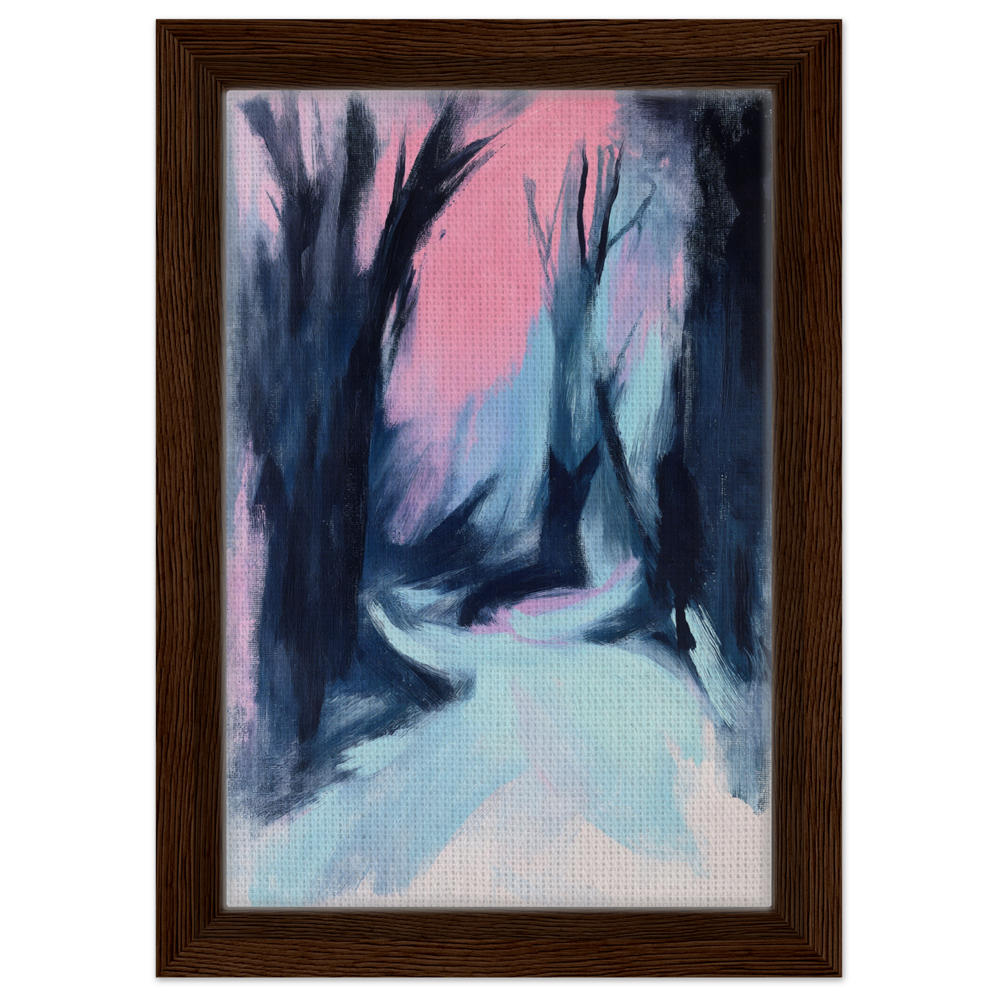 Abstract painting of a shadowy forest path under a pink sky from Blue Twilight Whisper