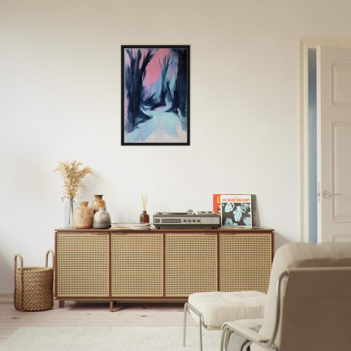 Wooden sideboard with cane-webbed doors and decor, part of Blue Twilight Whisper collection