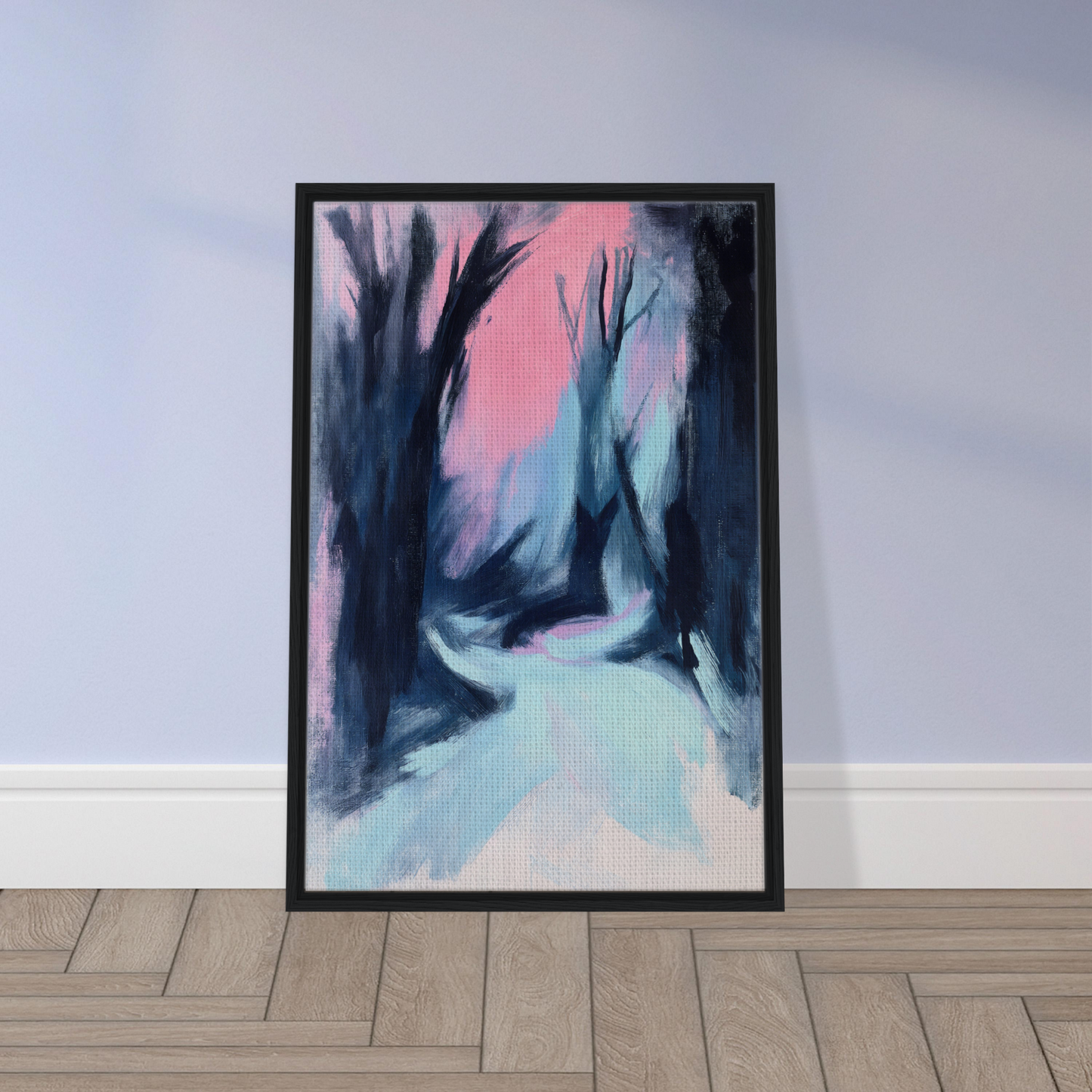 Framed canvas print of a misty forest path in blue twilight whisper hues