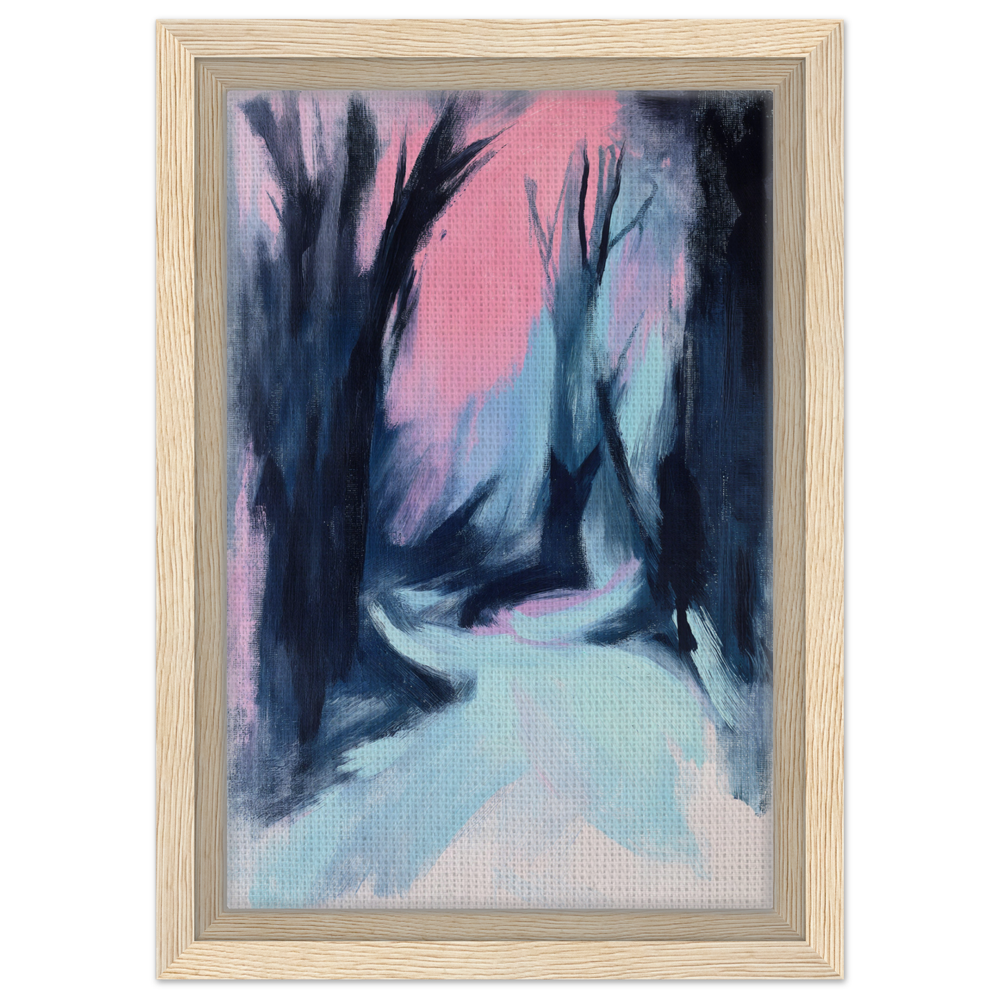 Abstract painting of a misty forest path with dark trees and pink sky, Blue Twilight Whisper framed canvas print