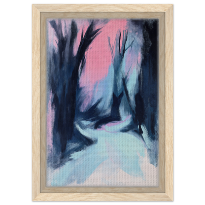 Abstract painting of a misty forest path with dark trees and pink sky, Blue Twilight Whisper framed canvas print