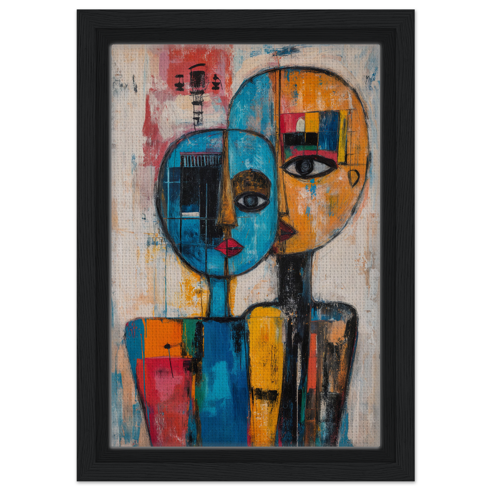 Abstract painting of two overlapping faces in vibrant colors for Blue Unity Falters room decor