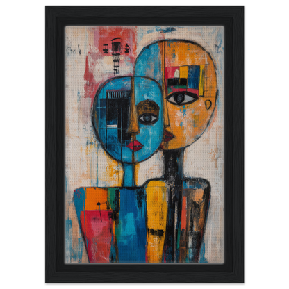 Abstract painting of two overlapping faces in vibrant colors for Blue Unity Falters room decor