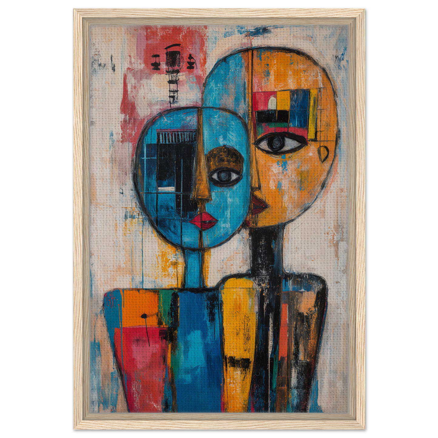 Abstract painting of a vivid divided face in Blue Unity Falters, ideal for room decor