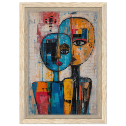 Abstract painting of stylized dual faces in vibrant hues, Blue Unity Falters framed canvas print