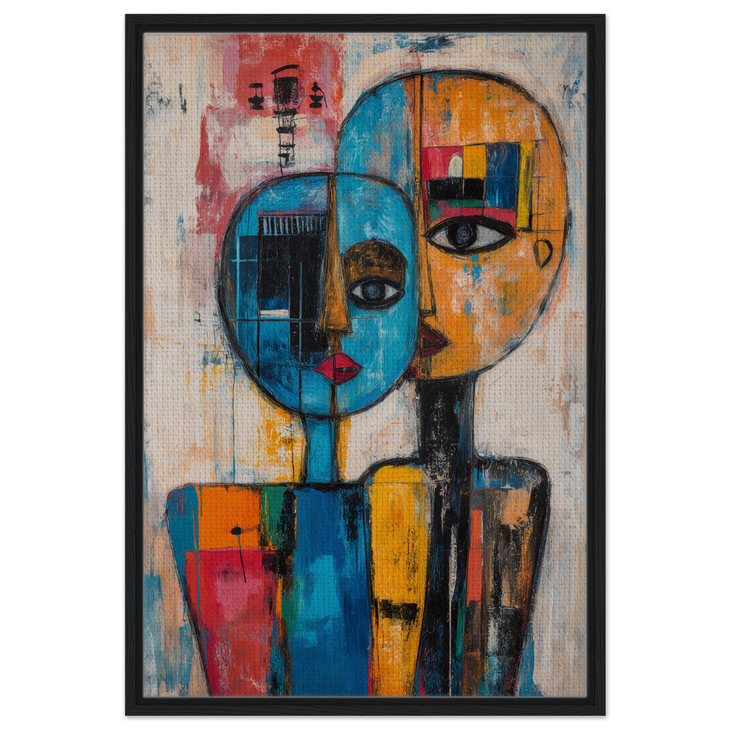 Abstract portrait painting of a stylized face in geometric shapes for Blue Unity Falters