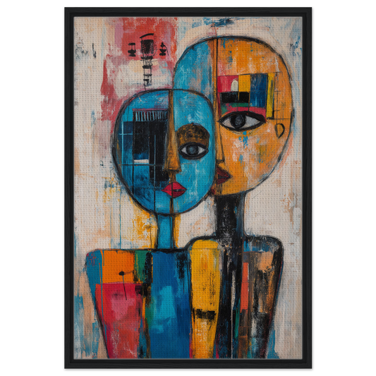 Abstract portrait painting of a stylized face in geometric shapes for Blue Unity Falters