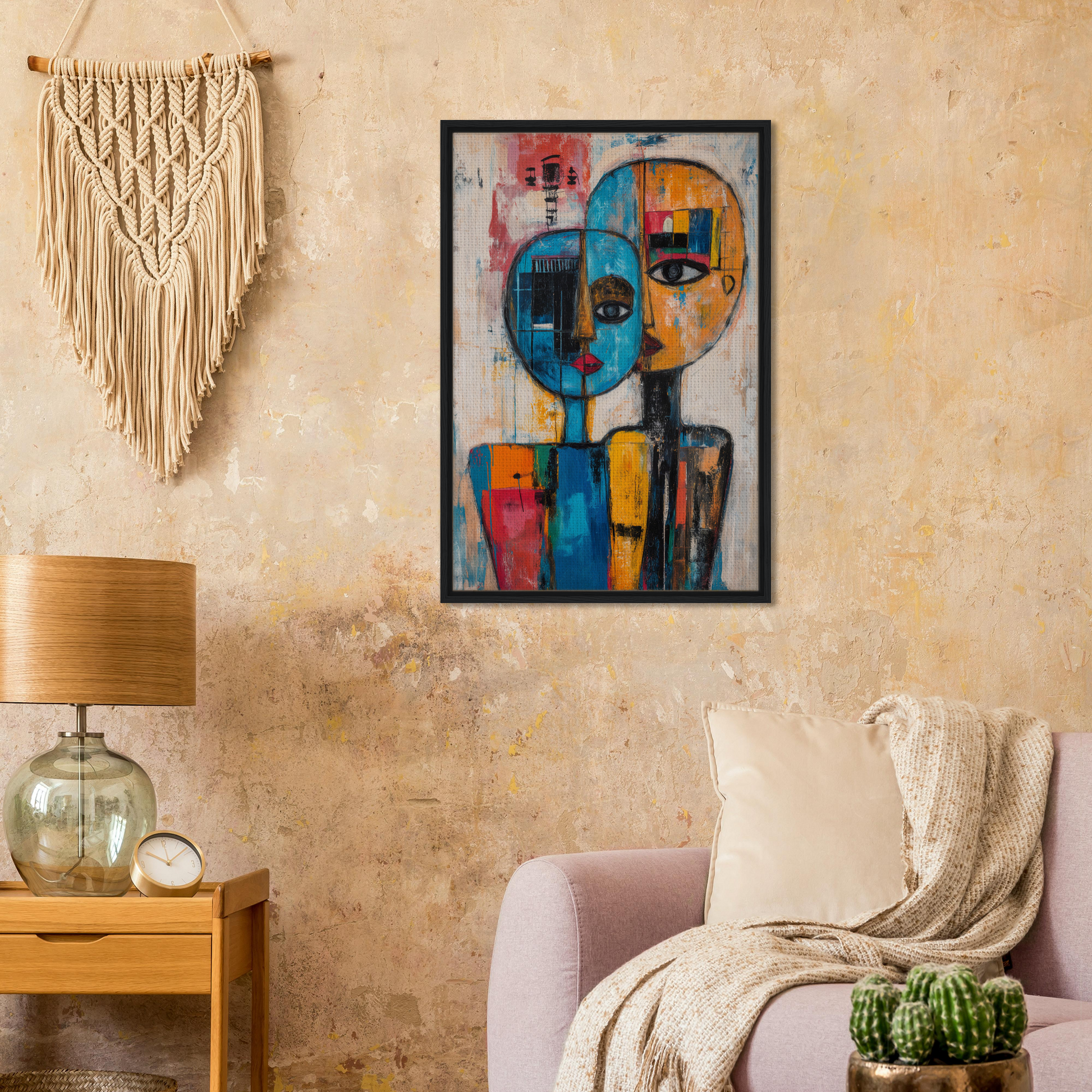 Colorful abstract portrait in geometric shapes, Blue Unity Falters framed canvas print