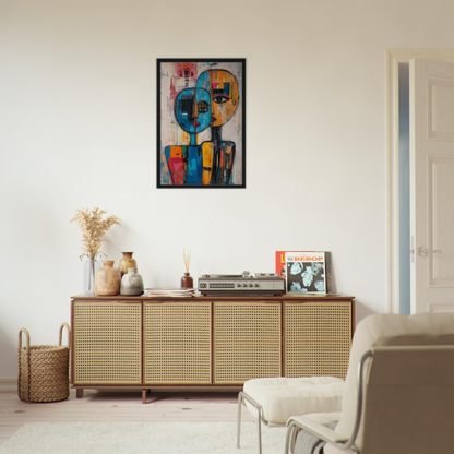 Wooden sideboard with cane-webbed doors, showcasing decorative items from Blue Unity Falters