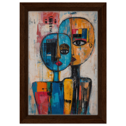 Abstract painting of two overlapping faces in vibrant colors for Blue Unity Falters collection