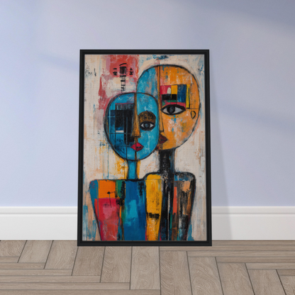 Abstract painting of split-colored figure in vibrant hues, featured in Blue Unity Falters framed canvas print