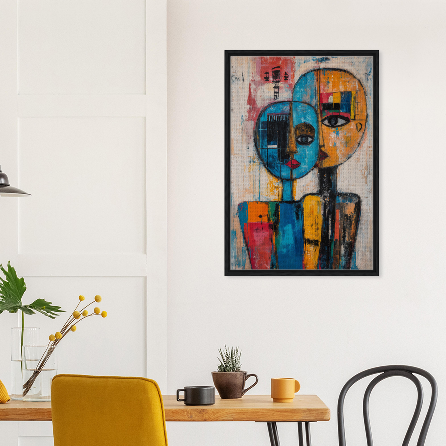 Abstract painting of stylized faces in vibrant colors for Blue Unity Falters room decor