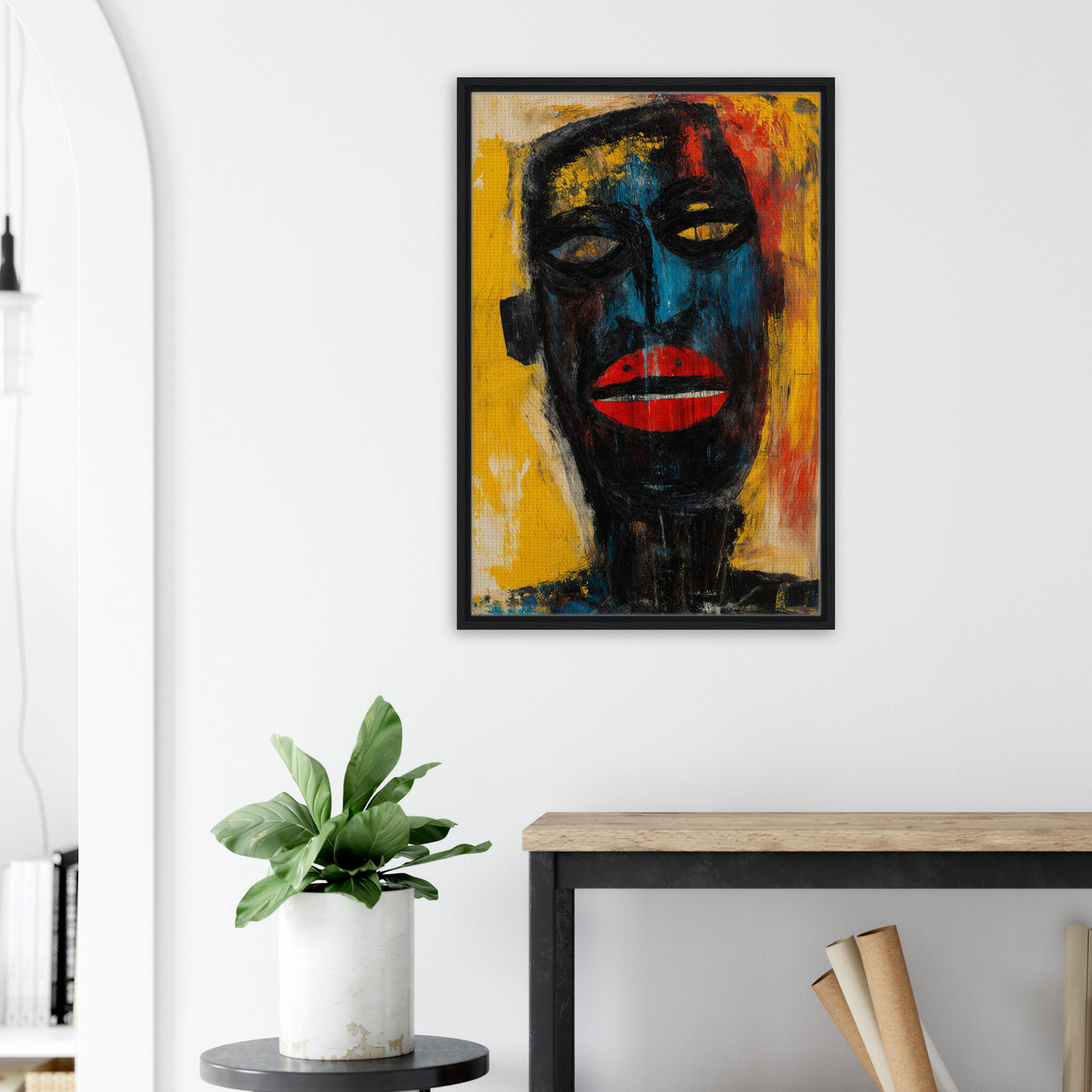 Vibrant abstract portrait in a black frame showcasing the Blue Whimsy Mask design