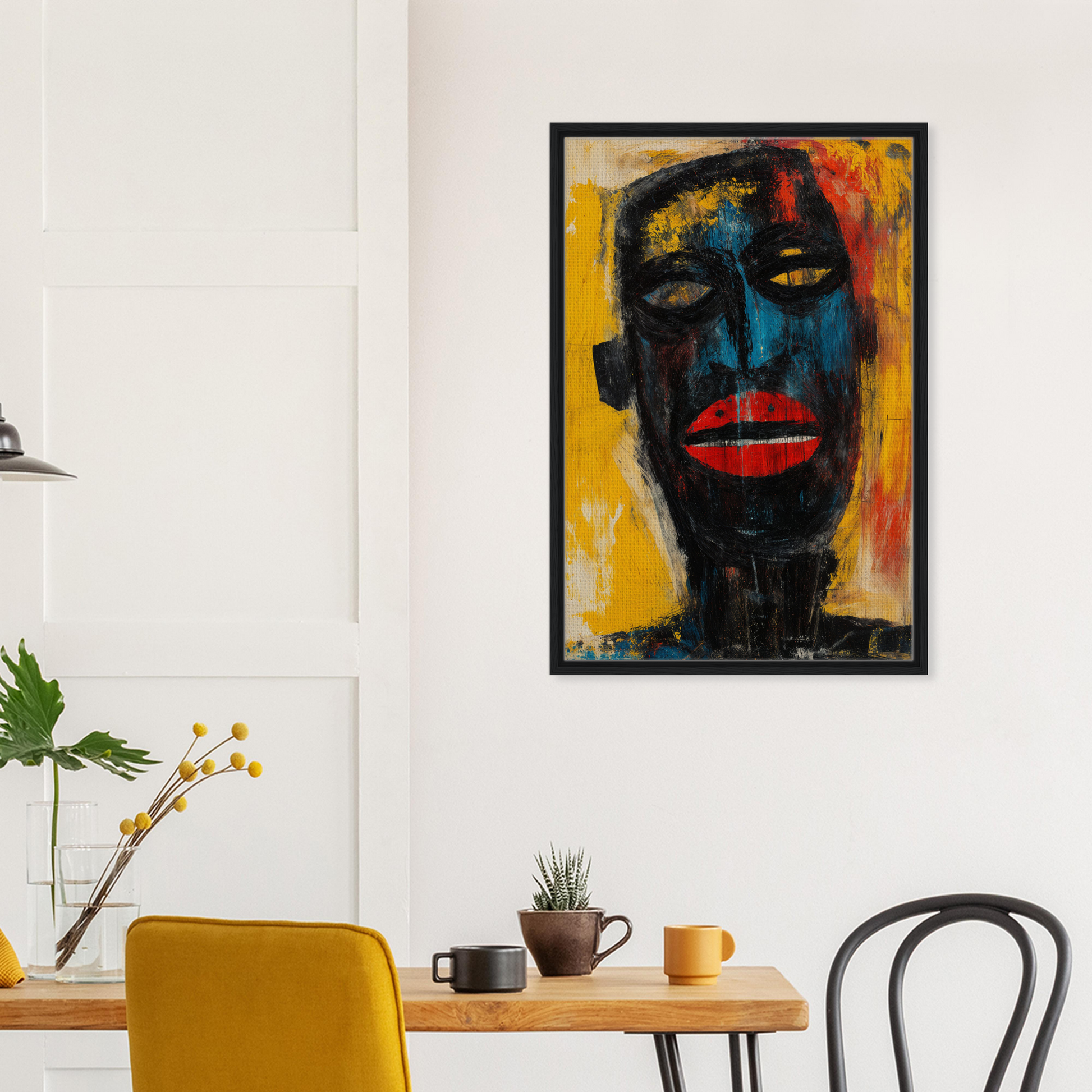 Vibrant abstract portrait painting in a black frame showcasing the Blue Whimsy Mask