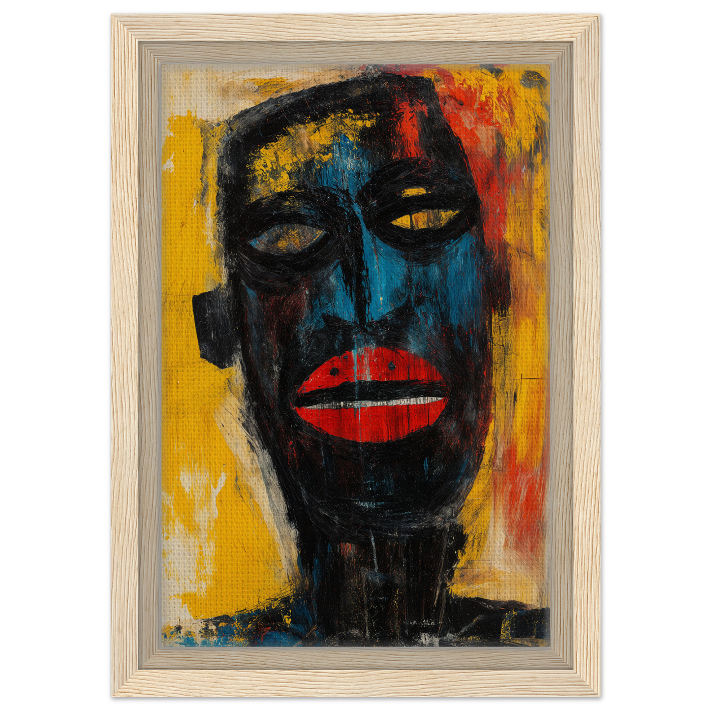 Abstract portrait painting with bold colors for a Blue Whimsy Mask framed canvas print