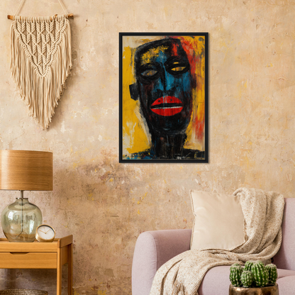 Vibrant abstract portrait painting featuring Blue Whimsy Mask against a yellow background