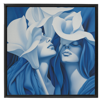 A blue and white painting of two women with flowers