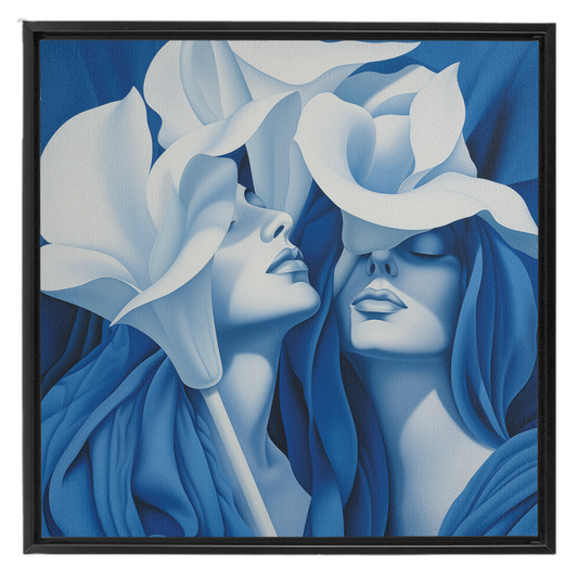 A blue and white painting of two women with flowers