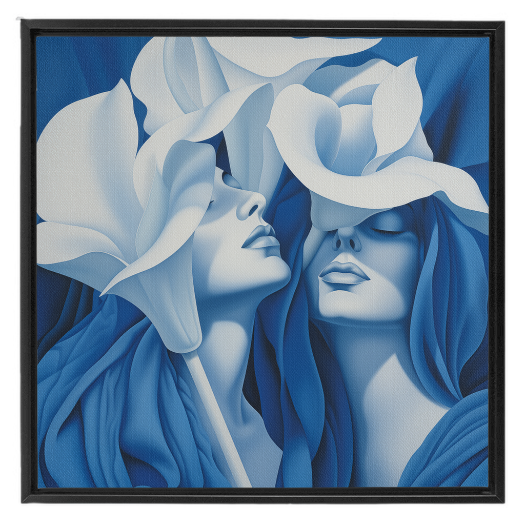 A blue and white painting of two women with flowers