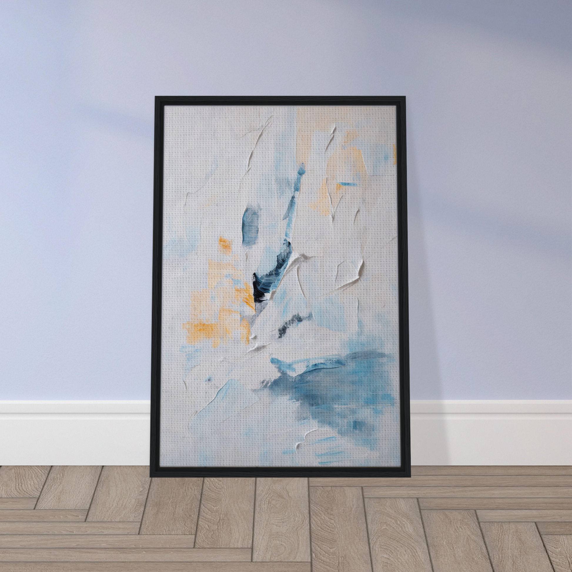 Framed abstract painting ’Blues Dance Melancholy’ in soft blue, white, and yellow hues