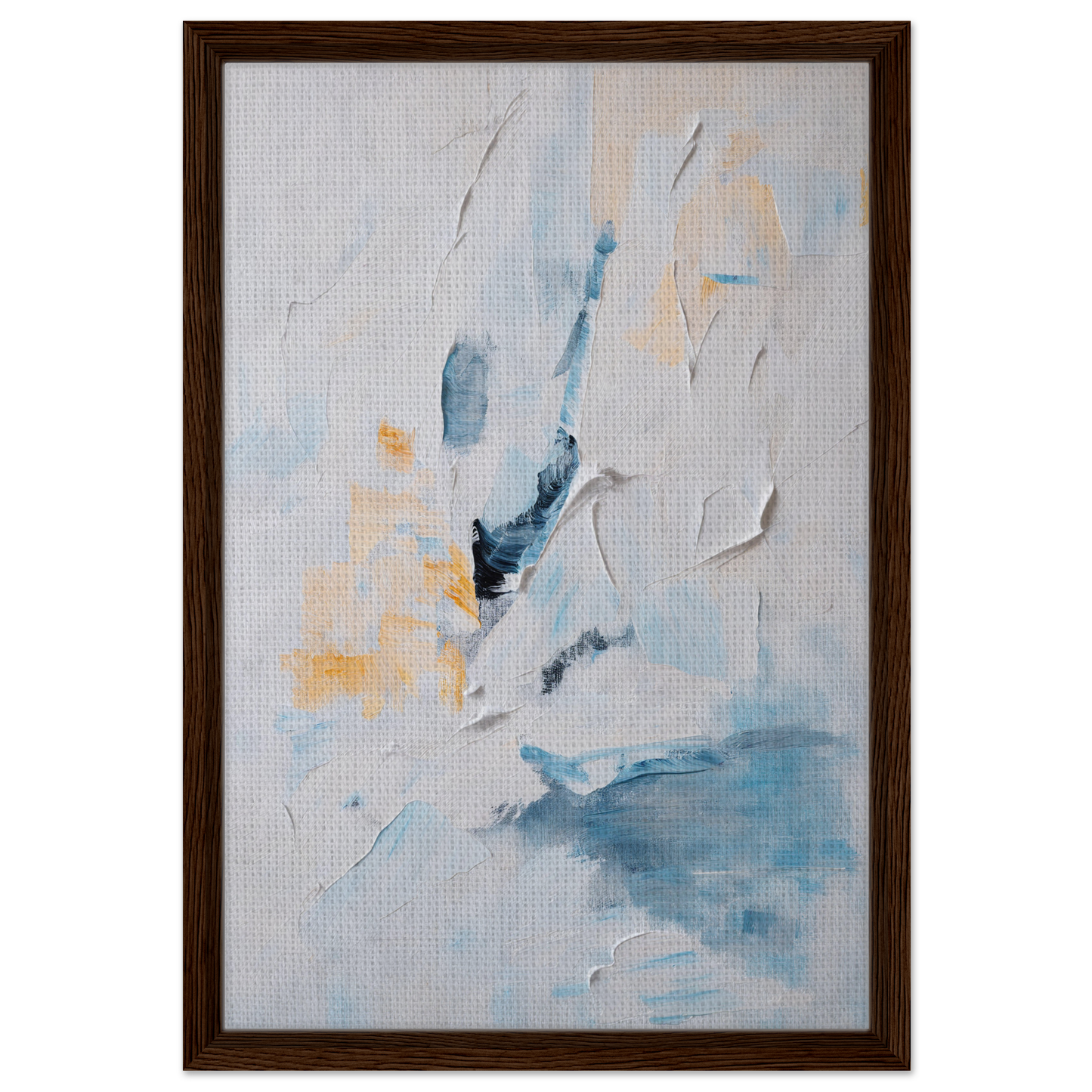 Abstract painting featuring soft blue, white, and yellow brushstrokes in Blues Dance Melancholy