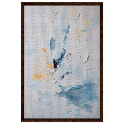 Abstract painting with soft blue, yellow, and white brushstrokes titled Blues Dance Melancholy