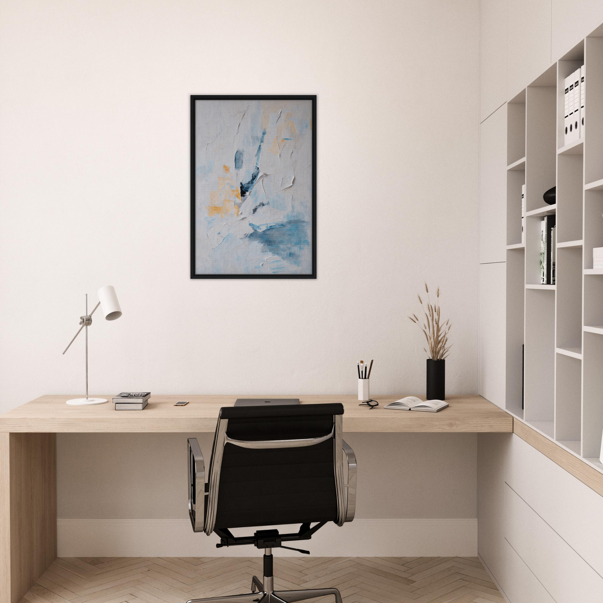 Minimalist home office with wooden desk and Blues Dance Melancholy framed canvas print