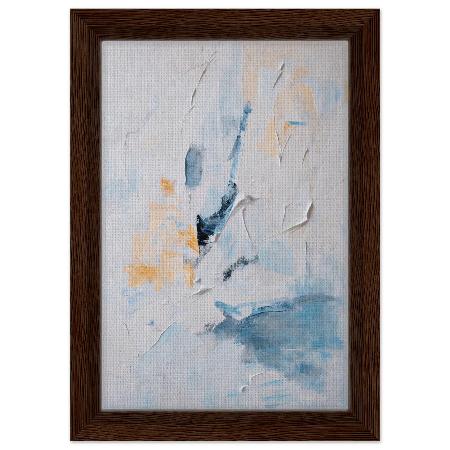 Abstract painting in wooden frame featuring soft blues dance melancholy for stylish room decor