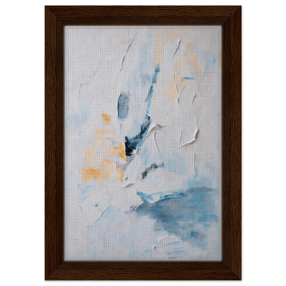 Abstract painting in wooden frame featuring soft blues dance melancholy for stylish room decor