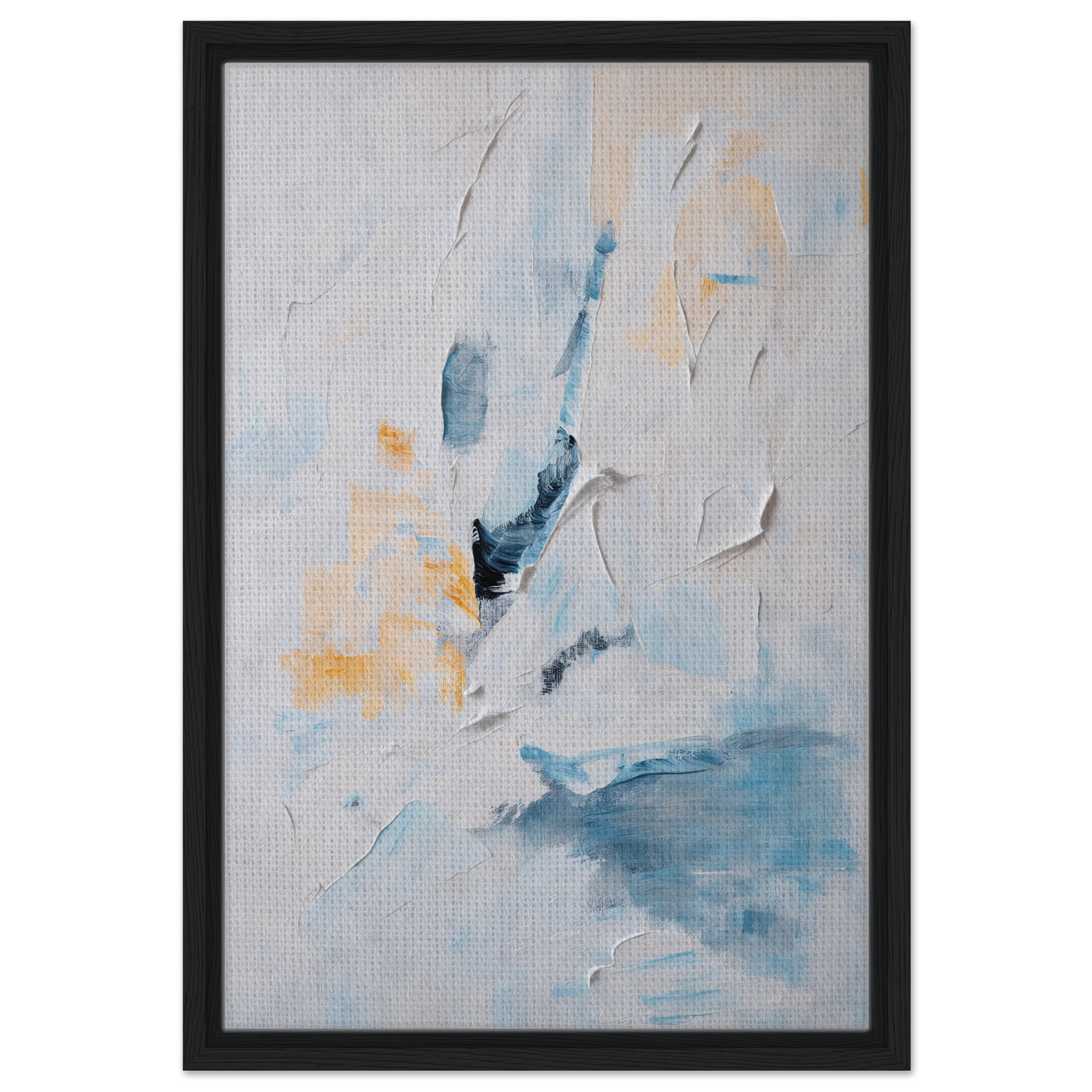 Abstract painting with soft blue, white, and yellow brushstrokes for Blues Dance Melancholy