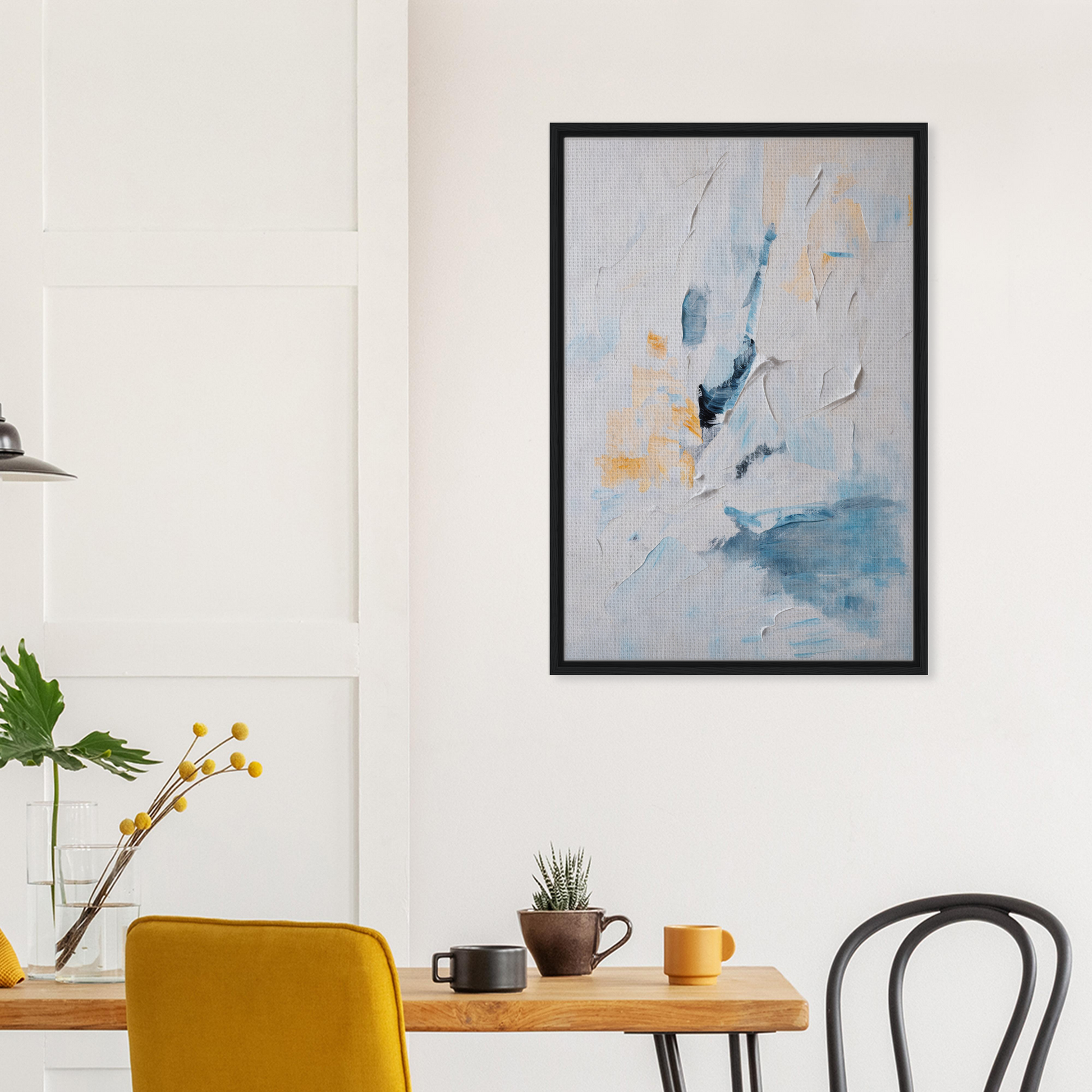 Abstract painting in soft blue, white, and yellow in a framed canvas print titled Blues Dance Melancholy