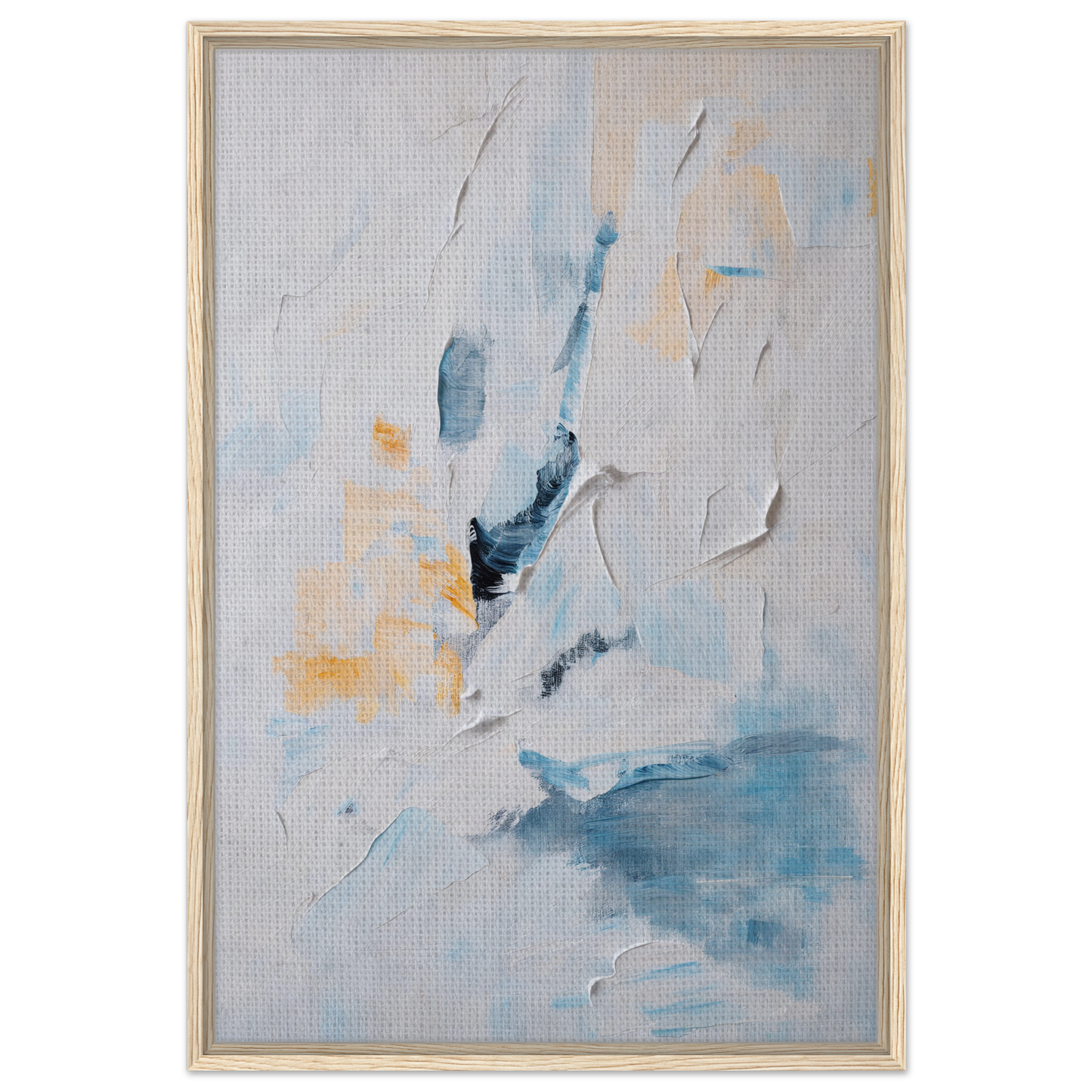 Abstract painting featuring soft blue, white, and yellow brushstrokes titled Blues Dance Melancholy