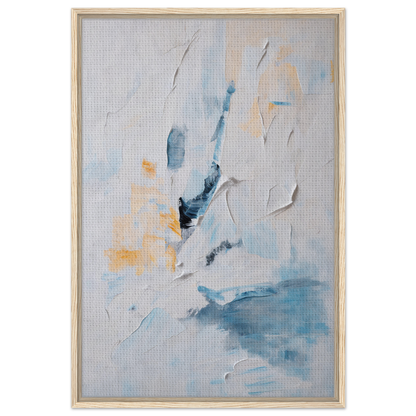 Abstract painting featuring soft blue, white, and yellow brushstrokes titled Blues Dance Melancholy