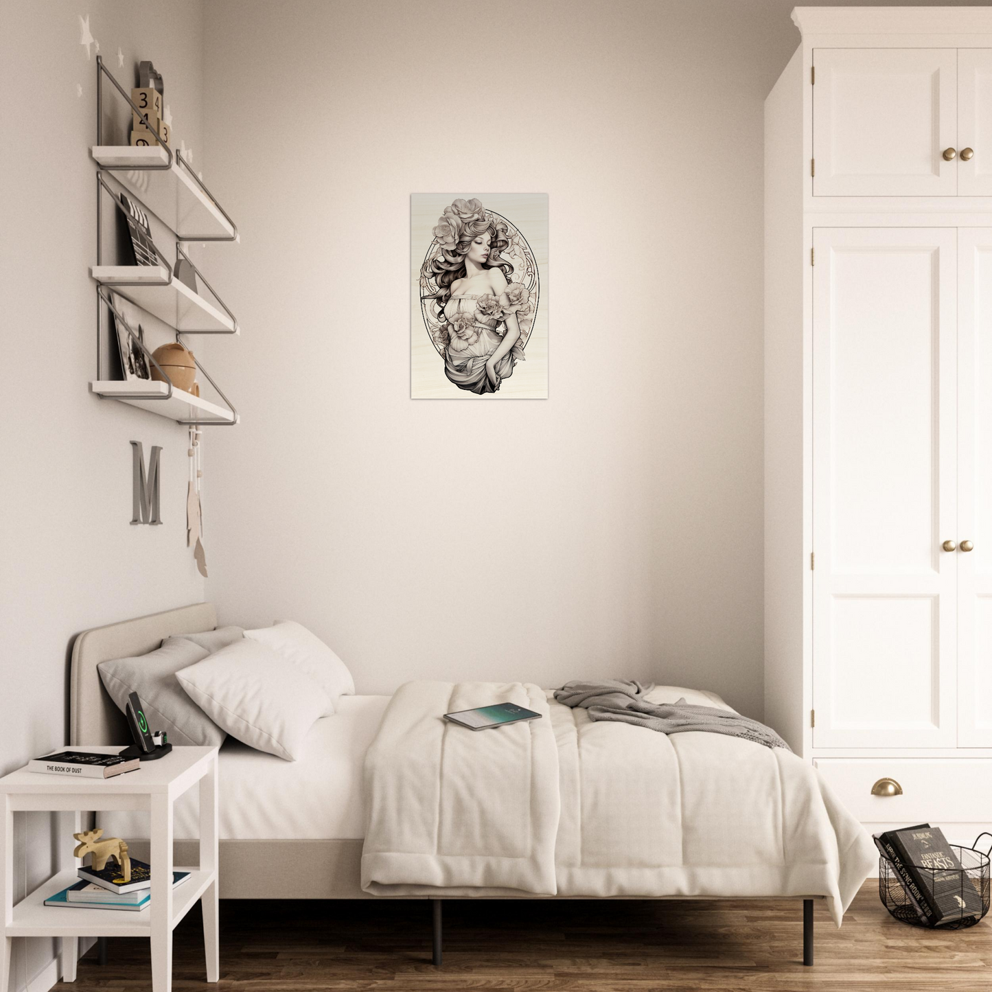 Single bed with white bedding in a minimalist bedroom setting.