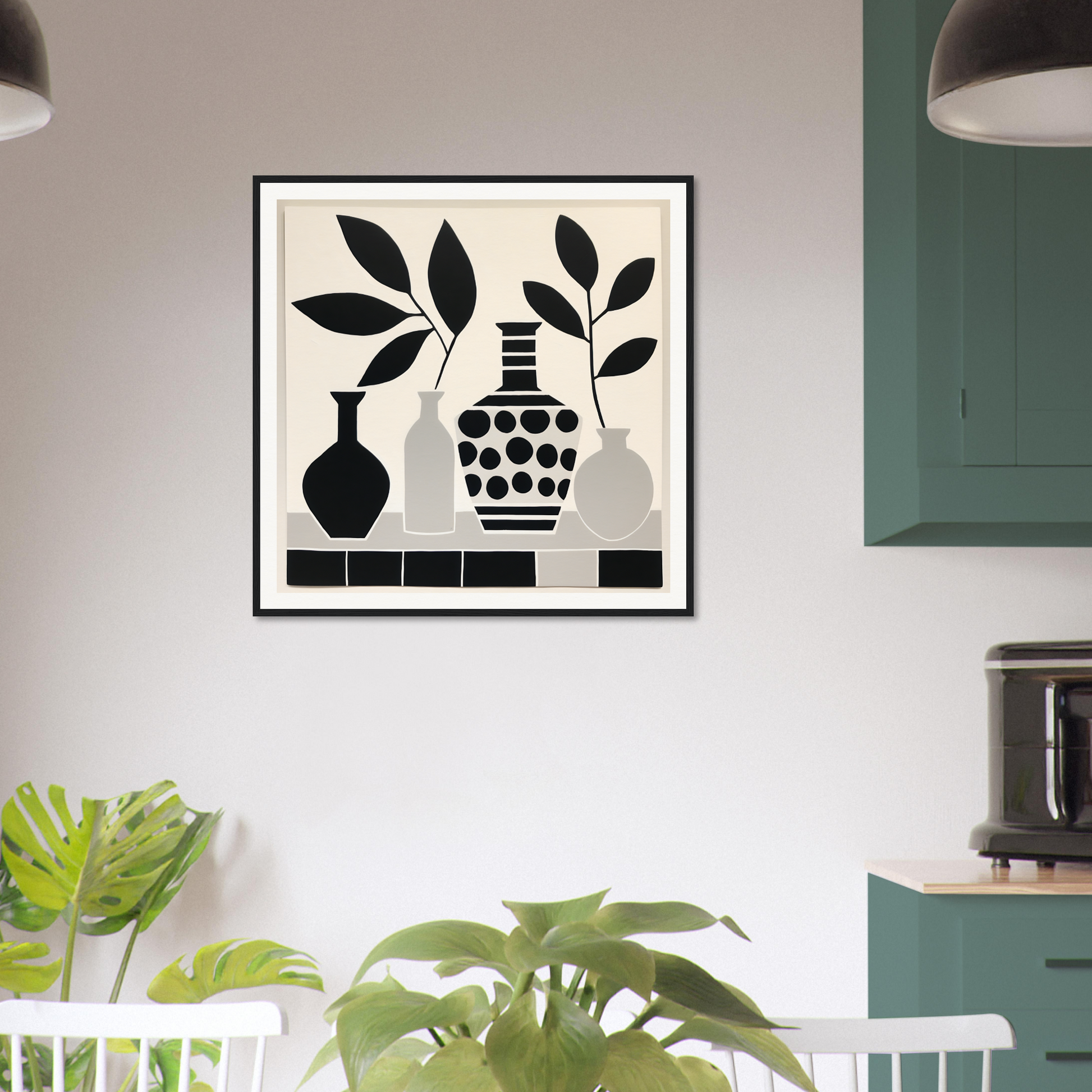 Stylish black and white framed art of vases with leaves, Botanical Vessel Dreamscape