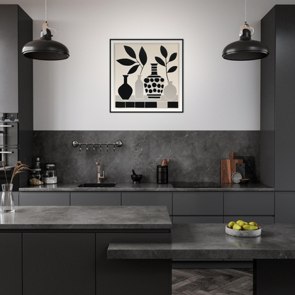 Modern black kitchen featuring minimalist design with Botanical Vessel Dreamscape decor