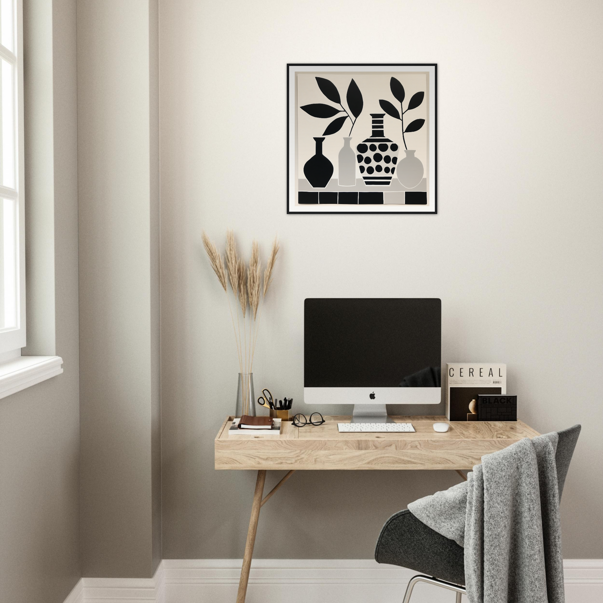 Minimalist wooden desk with iMac and accessories in Botanical Vessel Dreamscape