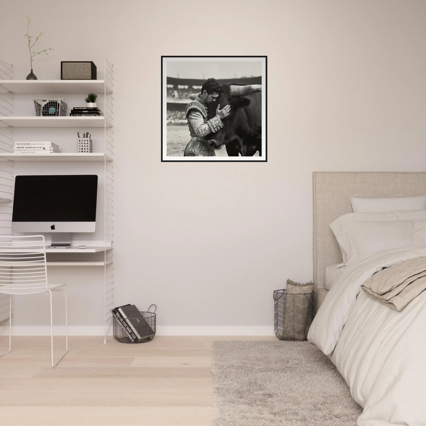 Minimalist bedroom with Bovine-passo Solo, floating shelves, and framed wall art