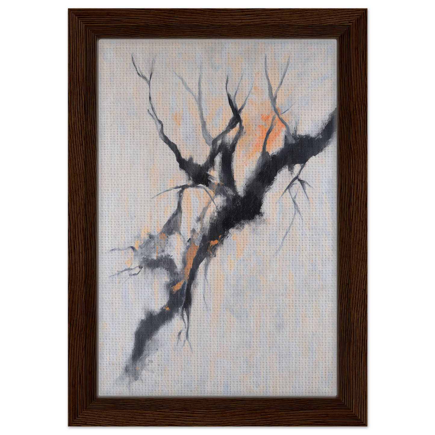 Abstract painting of gnarled tree branch with orange highlights, Branches’ Mirage Serenity