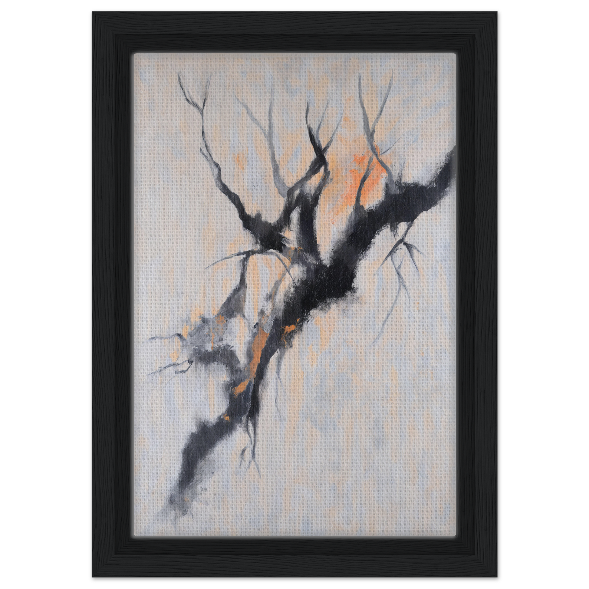 Abstract painting of a gnarled tree branch with orange highlights for Branches’ Mirage Serenity