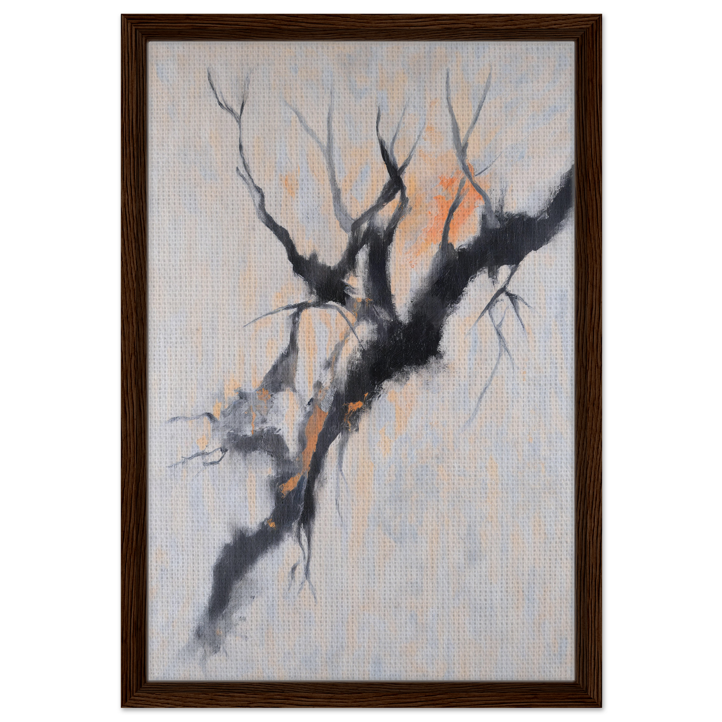 Abstract painting of a gnarled tree branch on pale background in Branches Mirage Serenity framed canvas print