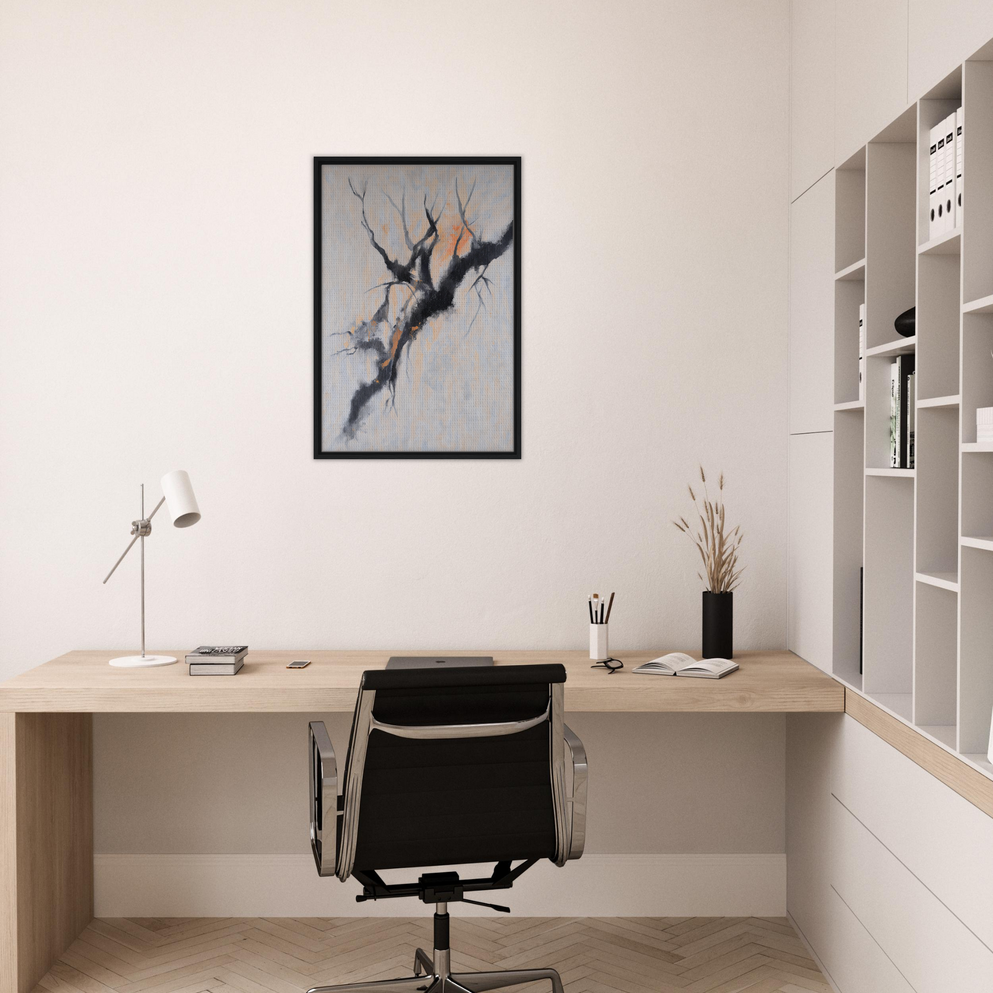 Minimalist home office featuring Branches’ Mirage Serenity and a framed canvas print