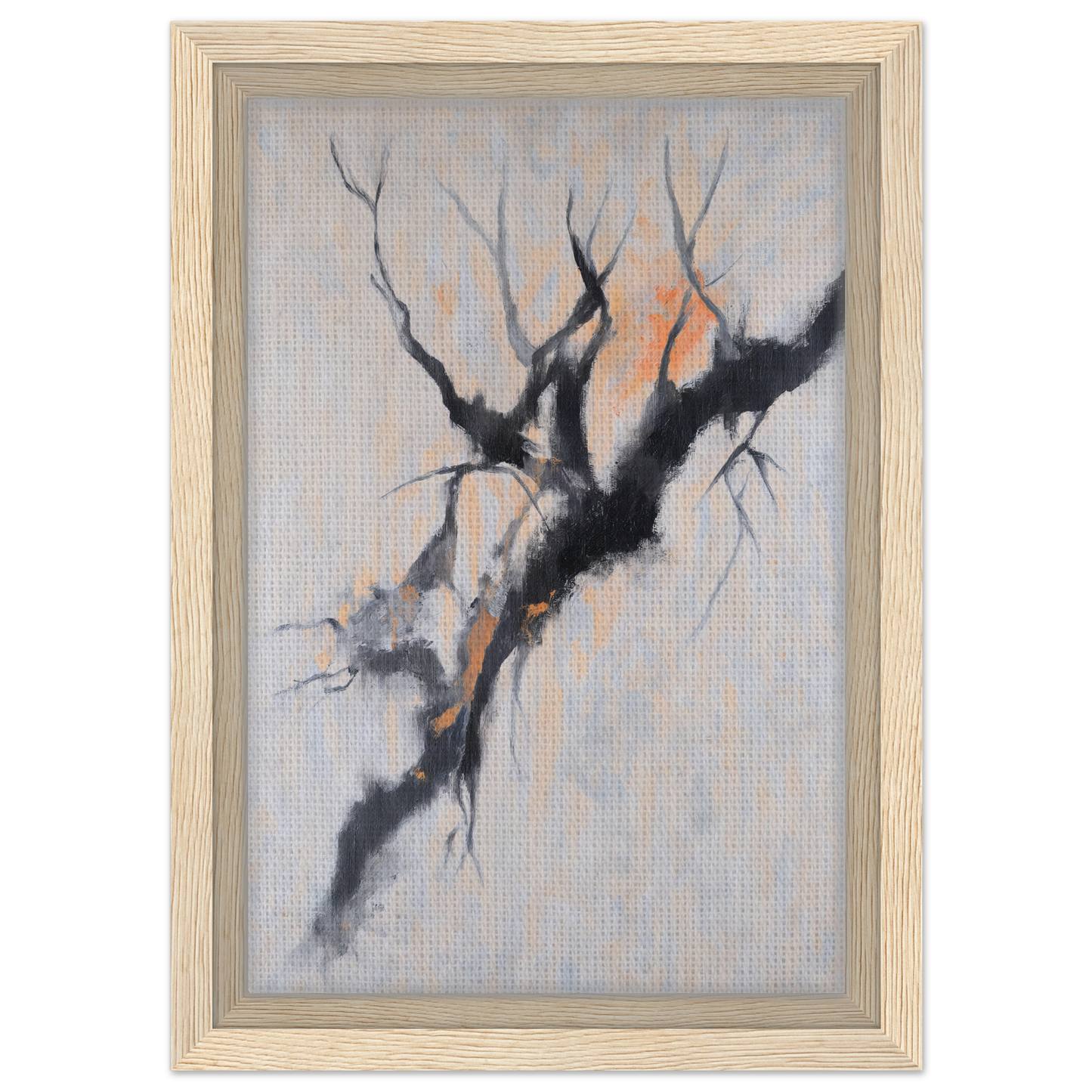 Abstract painting of a gnarled tree branch with orange highlights in Branches’ Mirage Serenity