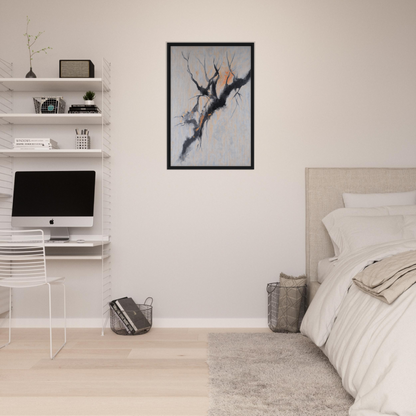 Minimalist bedroom showcasing Branches’ Mirage Serenity with white walls and abstract decor