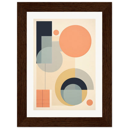 Abstract geometric artwork featuring circles, rectangles, and semicircles in muted pastel colors.